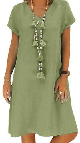 Tincini Women's Dress Summer Linen Dresses Casual V Neck Midi Dress Short Sleeve A-line Dress Sundress Tunic Dress Without Accessories (A Green, 3XL)