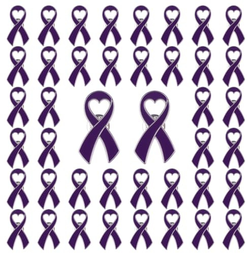 WANDIC 50pcs Purple Ribbon Pins Alzheimer's Disease Awareness Badges Domestic Violence Brooch Heart Memorial Ribbon Pins Badges for Funeral Mourning Event Bereavement Remembrance