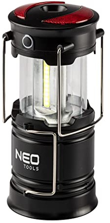 NEO TOOLS 3 in 1 Batterie Camping-lampe, Taschenlampe, Warnlicht, 3W, 200 Lumen, COB-LED, 3xAA-Netzteil (nicht enthalten), 2 Griffe zum Tragen und Aufhängen, Schiebekonstruktion, Magnete im Sockel