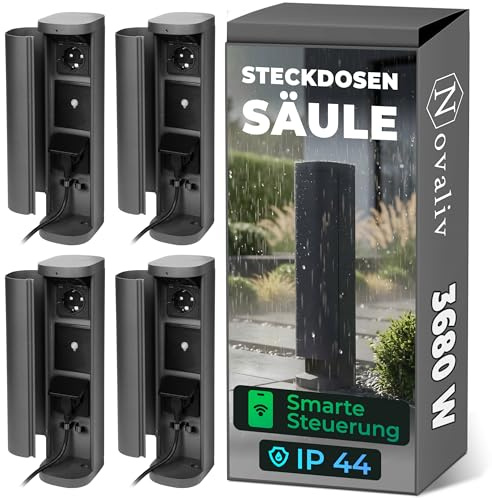 Novatool Lot de 4 prises de jardin radio-pilotées 2 prises - Anthracite Smart WiFi APP IP44 - Prise ronde - Pour l'extérieur - Colonne de prise de courant - Tour de prise