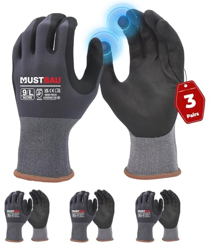 Mustbau 3 Paia Guanti da Lavoro con Touch Screen, Guanti in Nitrile Resistenti All'Abrasione, Ottima Presa, Adatti per Giardinaggio, Meccanica, Edilizia (Grigio,L)