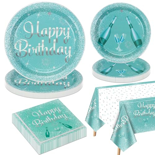 Teal Blau und Silber Party Dekorationen für 20 Gäste, enthalten Happy Birthday Papier Teller, Servietten, Teal Geburtstag Tischdecke für Mädchen Frauen Teal Silber Geburtstag Party Dekorationen