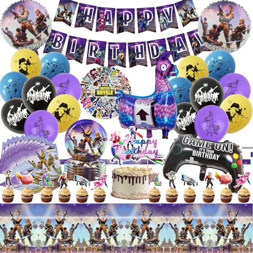 Video Spiel Geburtstagsfeier, 115 Stück Gaming Party Geburtstag Deko, Enthält Birthday Banner, Latex Ballons, Folien ballons, Tortendeko, Tischdecke, Beschichtete Pappteller, Aufkleber, Servietten
