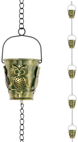 Qipade 3 m Lange Regenketten für Dachrinnen, Metall-Regenfangkette für Traufenentwässerung, 12 Tassen, Regenrinnenketten mit Eulen-Dekor, verstellbare Regenwasserkette für Outdoor-Dekoration