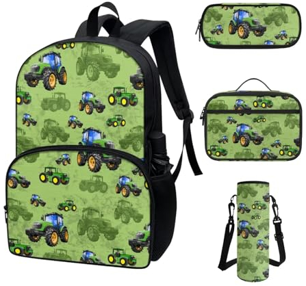 COEQINE Rucksack für Kleinkinder, Mädchen, Jungen, cooles Cartoon-Autos, Schulrucksack-Set für Kinder, Lunchbox, Federmäppchen, tragbare Flasche, Grüne Achsen