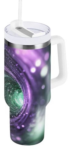 OWFKAY 40oz Isolato Caffè Tumbler con Coperchio Bottiglia di Acqua di Paglia Acciaio Inox Tumbler Uomini Donne Viola Verde Swirl