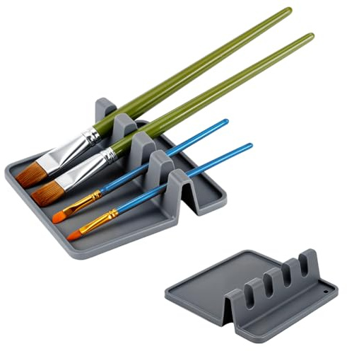 AHANDMAKER Paquete de 2 soportes de silicona para pinceles, organizador rectangular gris con 4 ranuras para dibujar, artistas de dibujo, soporte de secado de pinceles de pintura gruesa para acuarela