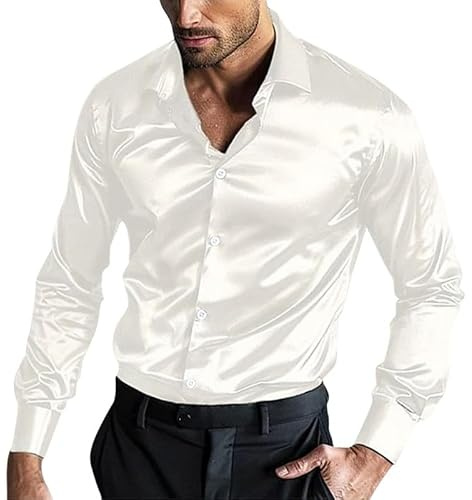 Oanviso Chemise en Soie Homme à Manches Longues Coupe Régulière Shirts Décontracté Elégante Brillant Chemises en Satin pour Les fêtes, Les Spectacles, Les Mariages, etc. A Blanc M