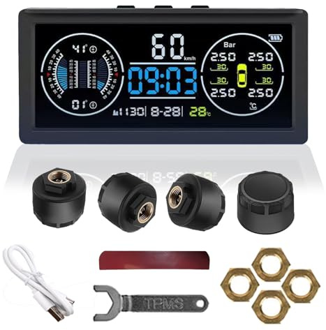 Multifunktional Reifendruckkontrollsystem, TPMS mit 4 Externen Sensoren Solaraufladung Monitor Universal Geschwindigkeit mit Farbiger LCD Anzeige 9.9BAR/199Psi für Van RV LKW SUV