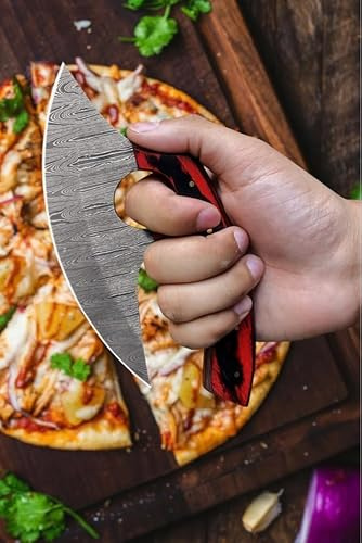 Winesfromspain Cuchillo Ulu de Acero Damasco, 15,2 cm, con Funda de Cuero, Hecho a Mano