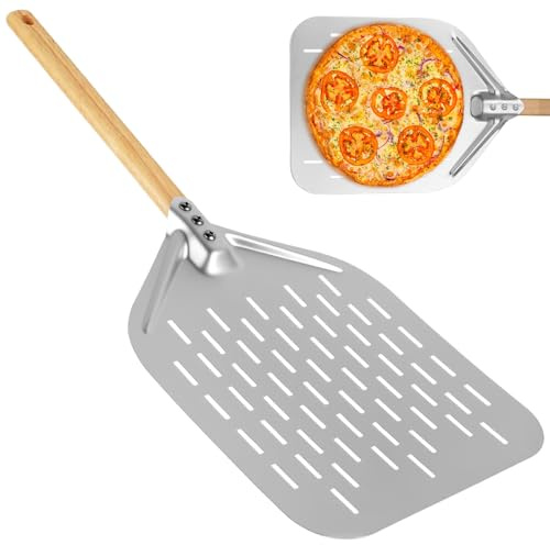 Pizzaspade i rostfritt stål 40x30 cm - Perforerad med avtagbart handtag i trä - Stor pizzabäddare för ugn & grill - 12 tum