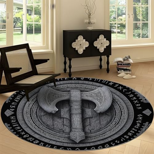 Washable 4 ft Round Area Rugs, Viking Rune Axe Shield Round Rug Runner for Living Room Vintage Style Non-Slip Carpets 4' x 4' - Soft Low-Pile Circle Carpet for Dining Room Table Kitchen Runner