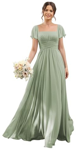 Flutter Sleeves Maxi Bridesmaid Dresses Long with Pocket Sage A Line 2026 Pleated Square Neck Maxi Formal Evening Party Gowns for Women US6