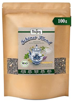 Biojoy Tisane BIO en vrac Schöner Abend, tisane du soir, 100 g | Mélange de fleurs de camomille, feuilles de mélisse, de ronce et autres plantes