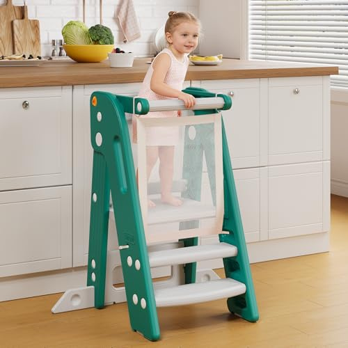Torre Montessoriana, Torre Montessoriana Pieghevole e Regolabile in Altezza, con ringhiere di sicurezza, Learning Tower, Antiscivolo & Sistema Anti-Ribaltamento, Adatto 1,5 ai 6 anni (Verde)