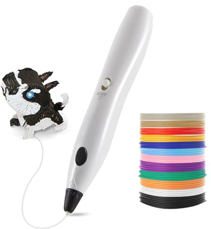 LIHUACHEN RPC200B - Set di penna 3D (versione a bottone), con filamento PLA a 12 colori, protezione per le dita, stencil da disegno, compatibile con filamento PLA e fai da te (bianco)
