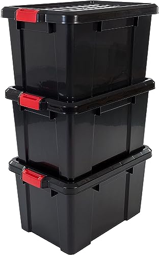Iris Ohyama, Juego de 3 cajas de almacenamiento para bricolaje, 50 L, con cierre a presión, apilable, garaje - Power Box SK-450 - Negro