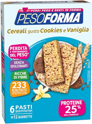 Pesoforma Barrette Cereali Croccanti gusto Cookies e Vaniglia, Pasti sostitutivi dimagranti, Ricco in proteine, 12 x 31 g