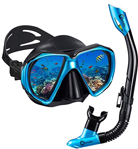Dorlle Schnorchel Dry Schnorchelset Schnorchelmaske, Premium Erwachsene Schnorchel Tauchset mit Taucherbrille und Anti-Leck Anti-Fog Tauchmaske, Blau, Schwarz (Sets-Blau)