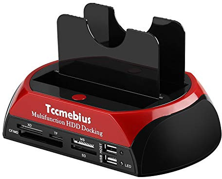 Tccmebius Hard Drive Docking Station, TCC-S862-US USB 2.0 to 2.5 3.5 Inch SATA IDE Dual Slots External Enclosure with All in 1 Card Reader and USB 2.0 Hub for 2.5 3.5 IDE SATA I/II/III HDD SSD