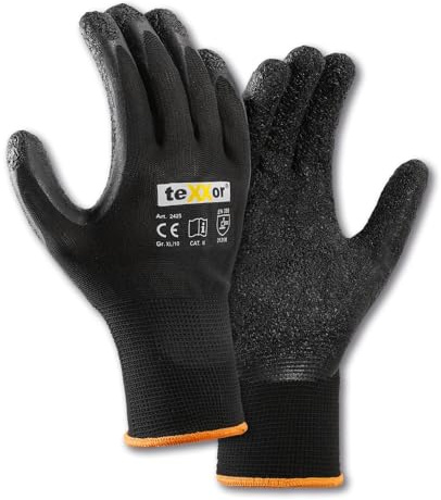 (12 Paar) teXXor Handschuhe Polyester-Strickhandschuhe Latex BESCHICHTET 12 x schwarz/schwarz L/9