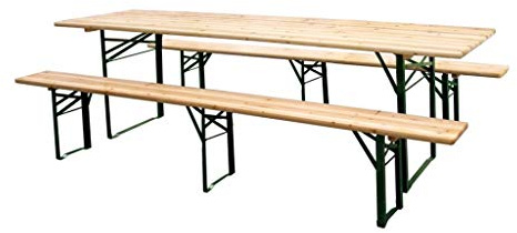 TATA LINDA Set Birreria Plus, Tavolo e Panche in Legno e Acciaio, Richiudibile, Panche con Tre Gambe, cm. 220x80x76 h, Ideale per Arredo da Esterno, Spessore Legno cm. 2.6