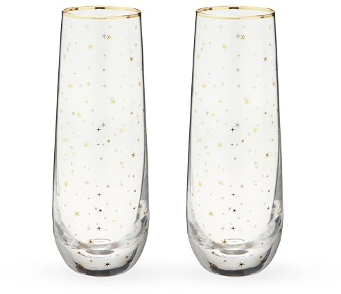 Twine Starlight Stemless Champagne Flutes, Gold Rim and Stars Pattern, Sparkling Wine Glasses for Prosecco, Sparkling Cocktails, Mimosas, Elegant Glassware for Wedding Gifts, Home Bar, 10 oz, Set of 2