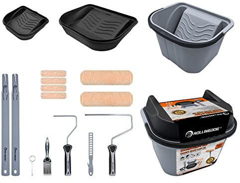 ROLLINGDOG 9 Paint Rollers and Trays Sets, Paint Roller Extension Pole, 8L Paint Scuttle with Lid, Decorating Tools for Wall, Ceiling Painting, 16PCS