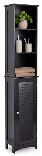 VonHaus Tall Bathroom Cabinet – Freestanding Storage Cupboard – Slimline Tallboy Unit with 6 Shelves and 1 Door – Wooden Shutter Style Furniture for Bathroom, Bedroom, Kitchen, Hallway (Black)
