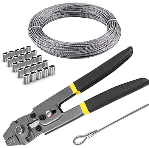 AOOCY Stainless Steel Wire Cable Crimping Tool Kit, Cutter &Crimper Plier, 100FT 304 Wire Rope, 100pcs Aluminum Sleeves Stops Complete Kit (5/64'' Stainless Steel Cable Kit)