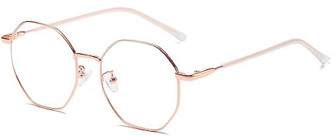 WHHJM Polygon Blue Light Blocking Glasses for Women Men Retro Octagon Square Non-prescription Metal Frame Eyeglasses (Rose Gold)