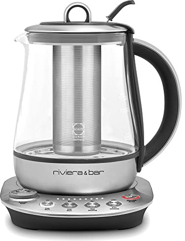 riviera&bar Théière Darjeeling Zen 1300W - 8 Programmes Préréglés, Maintien au Chaud Automatique, Sécurité Surchauffe - Inox Silencieuse - Capacité 1,2L - Verseuse Verre Trempé