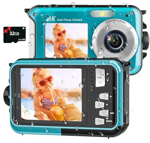 4K Underwater Camera 16FT Waterproof Camera with 32GB Card 64MP Autofocus Dual-Screen Selfie Underwater Camera for Snorkeling Waterproof Compact Floatable Digital Camera 1250mAh Battery Type-C (Blue)