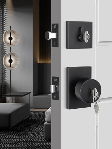 Goldenwarm Black Exterior Door Lock Set, Square Contemporary Matte Black Door Knob and Deadbolt Set, Heavy Duty Door Locks for Front Door (1 Pack)