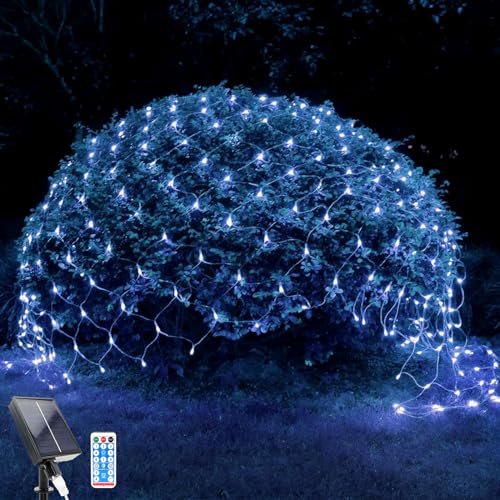 WoskjXas Filet Lumineux Solaire, Filet Solaire Guirlandes de 96 LED, 8 Modes, 1.5 M x 1.5 M Lumière de Rideau de Jardin, Télécommande, Imperméable - Idéal pour Décoration de Balcon, Clôture et Noël