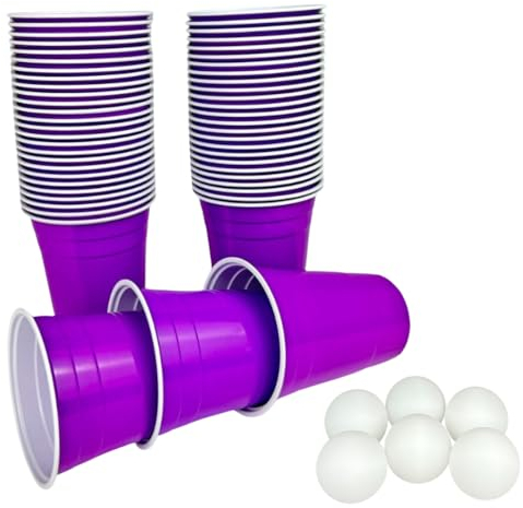 Plastikbecher in lila mit 6 Bällen - lila Partybecher Set - 50 Premium Trinkbecher (473 ml) in lila + 6 Ping Pong Bälle