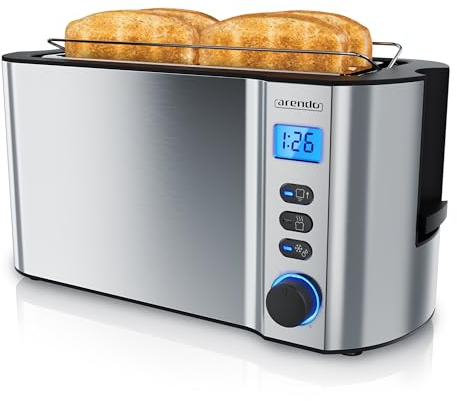 arendo - Grille Pain 2 Larges Fentes 4 tranches écran Digital - Grille-Pain Automatique 3en1-1500W - 6 Niveaux réglables décongélation réchauffe viennoiseries Plateau à miettes -Toaster Gris