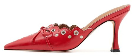 ATBELL Kitten Heel Mules for Women Bow Tie Suede Stiletto Heels Mule Pointed Toe Studs Slide Heeled Sandal Pumps for Wedding Dress Party Red in Size 6