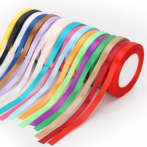 Behiruch 18 Farben Schleifenband, 10mm x 22m Polyester Satinband, Geschenkband Bänder, Seidenband Schleifenband Schultüte, für Hochzeit Dekoration, Geschenk Verpacken