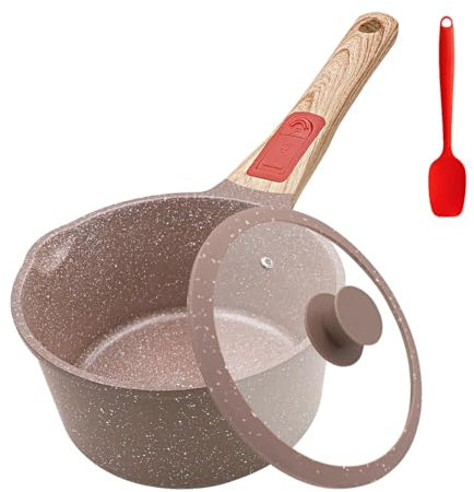 AIKENBBKK Keramik Stielkasserolle 16 cm mit Deckel, 1.5L Antihaft-Keramikbeschichtung Kasserolle mit Abnehmbarer Griff, Geeignet für alle Herdarten, PTFE-und PFOA-Frei- Braun