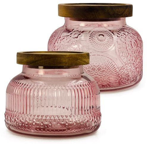 Decorative Pink Glass Jar with Airtight Wooden Lid 25.4 oz 2 pc, Wide Mouth Vintage Kitchen Food Storage Containers for Cookie Candy Honey Flour Spice Coffee Tea, Home Decor Sand Candle Holder Vase