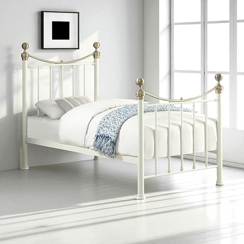 OAT Home Hampstead Victorian Metal Bed Frame in Black or White - Polished Brass Effect Details Single/Small/Double/King Size (White, Single)