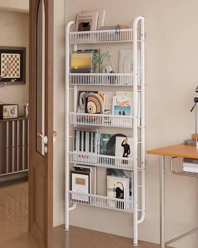 UMDONX Slim Metal Storage Shelf Behind Door Organiser 5 Tier, Bookshelf Bookcase Book Rack Bathroom Narrow Shelving Unit (White 62x9x160cm)