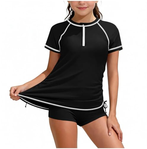 duxyoz Girls Swimming Costume Short Sleeve Rash Guard Swimsuit Two Piece Bathing Suit Rashguard Shirts with Swim Trunks Swimwear Set Solid Color Zipper Sunsuits Modest Swim Set 9-10 Years A Black