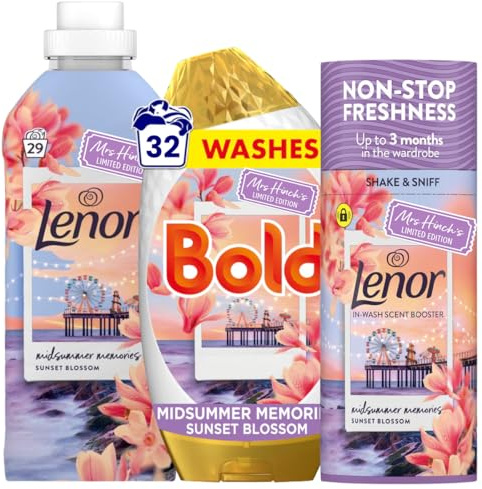 Bold & Lenor Laundry Bundle 3-Piece Bundle Set – Midsummer Memories Sunset Blossom – 32 Wash Liquid Gel Detergent, 29 Wash Fabric Conditioner & 155g Scent Booster – Long Lasting Fresh Fragrance