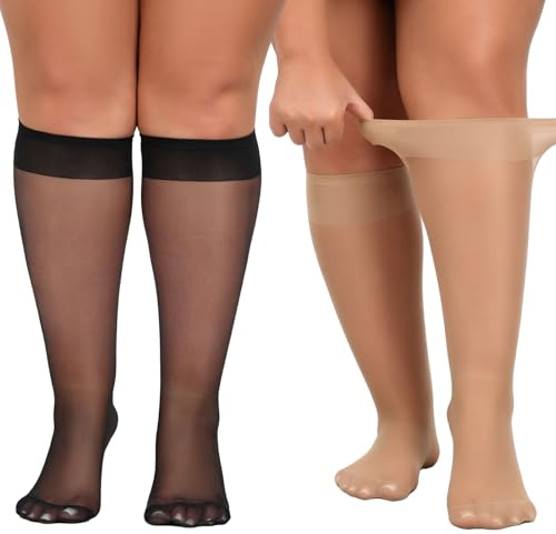 Yilanmy 6 Pairs Knee High Socks for Women Plus Size Pop Socks 15 Denier | Sheer Nylon Stockings Wide Fit Knee High Tights Reinforced Toes