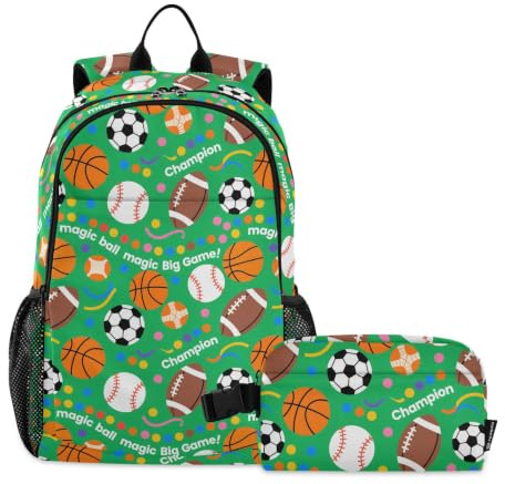 miaozhen Ryggsäck med lunchväska magisk boll spel fotboll korg boll grönt tryck 18 l/bokväska med lunchlåda för flickor, 9-10 år, mochilas y loncheras para ni? os