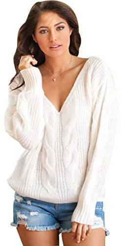 Pull Maille Femme Col V Oversize Tricot Pull Grosse Maille Epais Femme Chandail Femme Large Pull Torsadé Manche Longue Femme Chaud Loose Ample Hiver Chandails Sweater Manches Longues Femme Blanc XL