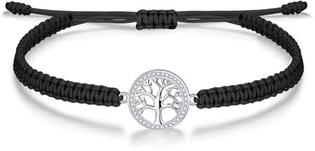 J.Endéar Lucky String Bracelet Handmade, Tree of Life Bracelet 925 Sterling Silver with Zircon for Women, Black Braided Bracelet for Girls, Teen Jewellery Adjustable