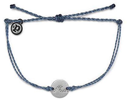 Pura Vida Silver Pave Wave Coin Bracelet - 100% Waterproof, Adjustable Band - Brand Charm, Blue Steel